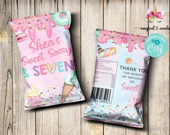 Opakowanie na chipsy Sweet Sassy i Seven Girl na 7. urodziny, Corjl, edytowalne, cyfrowe do druku, upominki urodzinowe, artykuły na imprezę.