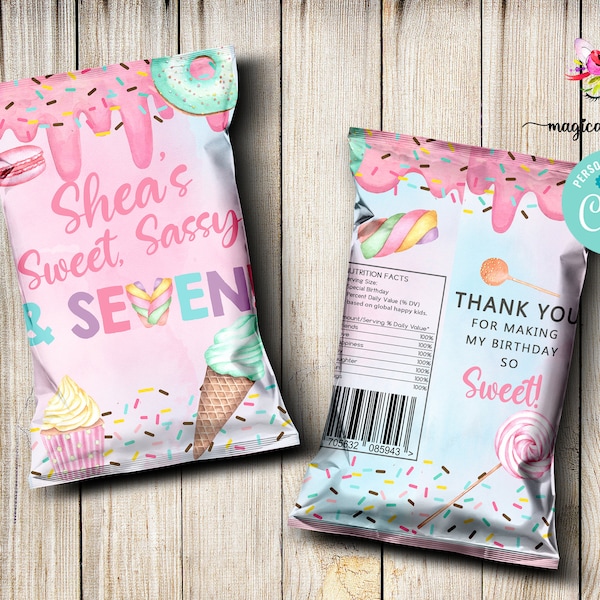 Sweet Sassy and Seven girl 7th birthday Chips Bag Wrapper, corjl editable digital printable, birthday favor favors, party supply supplies.