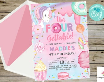 Candy UN-FOUR-GETTABLE girl 4th birthday invitation, invite, cotton candy sweets donut ice cream cupcake unicorn, corjl digital printable.