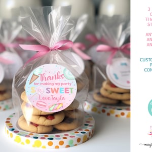 Sweet One girl birthday thank you sticker, birthday favors, sweets candy donut ice cream, corjl editable thank you birthday stickers / tags.