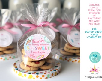 Autocollant de remerciement d'anniversaire pour fille Sweet One, cadeaux d'anniversaire, bonbons, crème glacée aux beignets, corjl modifiable, autocollants / étiquettes de remerciement d'anniversaire.