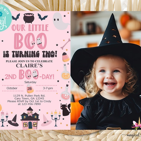 Halloween girl birthday invitation, BOO turning two corjl digital printable, Halloween 2nd birthday, ghosts skull candy cat bat photo invite