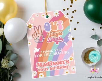 Out Single Digits thank you tag, birthday favors, girl 10th birthday thank you favor tag, groovy rainbow 10th birthday tags, corjl editable.