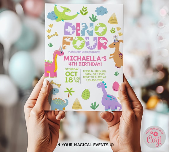 Dino-Four dinosaurs girl birthday invitation, dinosaur pink girl birthday invite, corjl digital printable, Dino Four pastel dinos invitation