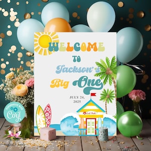 16x20 boy THE BIG ONE birthday welcome sign, beach party, corjl digital printable, boy birthday welcome sign, waves, surf boards, surfing.