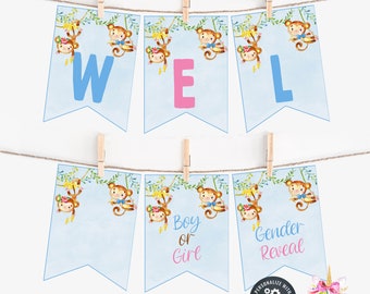 MONKEY Gender Reveal digital banner, baby shower favors favor decor, corjl digital printable banner, fully EDITABLE twins baby shower too.