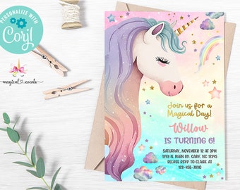 Unicorn head birthday invitation, girl birthday party invite, digital printable corjl editable, rainbow unicorn cluds stars gold glitter