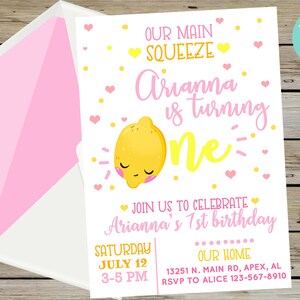 Our main squeeze 1st birthday invitation, lemon birthday invitation, girl 1st birthday invite, corjl digital printable, lemons main squeeze.