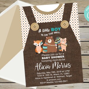 Denim overalls woodland animals baby shower invitation, boy baby shower invite a little boy is on the way, corjl digital printable, woodland