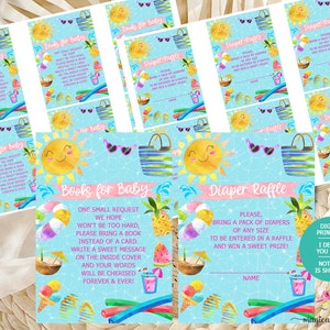 May include: Two printable baby shower game cards with a blue, yellow, and pink summer theme. The first card says "Books for Baby" and asks guests to bring a book instead of a card. The second card says "Diaper Raffle" and asks guests to bring a pack of diapers to be entered in a raffle.