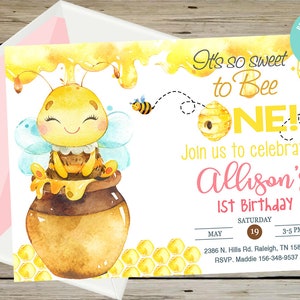 So sweet to bee one 1st birthday invitation, bumblebee girl birthday invite, corjl editable, digital printable, Bumblebee honey 1st birthday