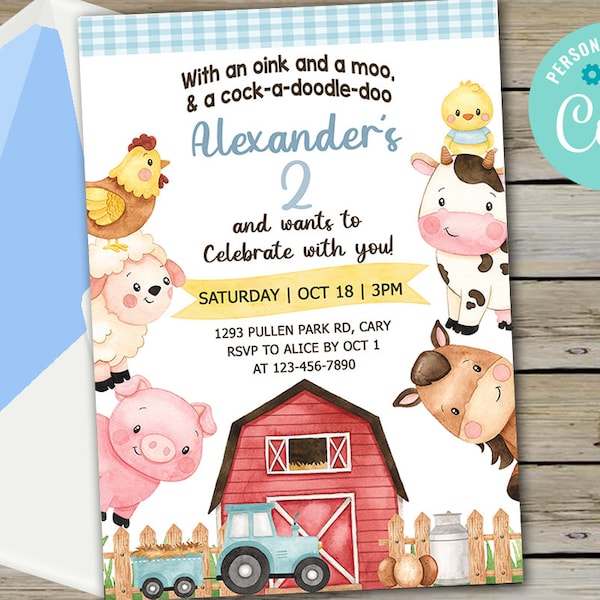 Farm animals birthday invitation, farm birthday invite, corjl digital printable, oink moo cock a doodle doo, boy blue tractor farm invite.