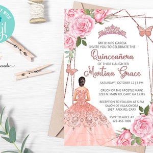 Sweet 16, Quinceañera invitation, pink roses gold frame, butterflies, pink quinceañera, rose gold sweet 16, digital printable corjl editable
