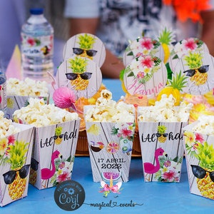 Hawaiian tropical birthday popcorn box, girl birthday favors, favor, digital printable, customized popcorn box, your text English or Spanish