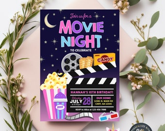 May include: A purple and pink movie night birthday party invitation with a cartoon illustration of a film reel, popcorn, and a drink. The text reads "Join us for a Movie Night to Celebrate Hannah's 10th Birthday!" with the date and time of the party.