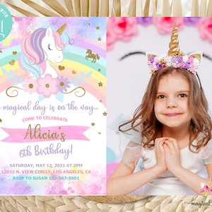 Unicorn and rainbow birthday invitation, girl birthday party invite, digital printable corjl, rainbow unicorn flowers gold glitter, photo.