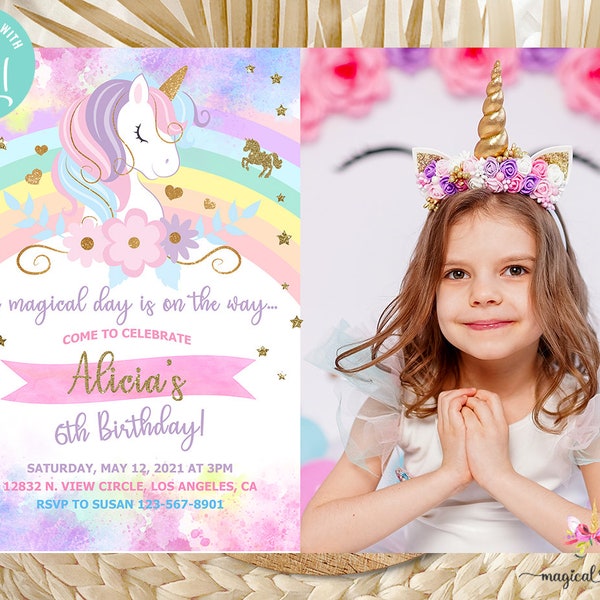 Unicorn and rainbow birthday invitation, girl birthday party invite, digital printable corjl, rainbow unicorn flowers gold glitter, photo.