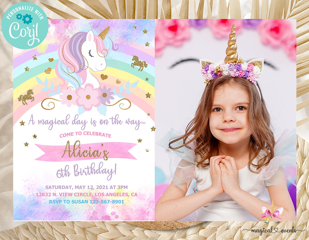 Unicorn and Rainbow Birthday Invitation, Girl Birthday Party Invite,  Digital Printable Corjl, Rainbow Unicorn Flowers Gold Glitter, Photo. - Etsy, image size:1200x933