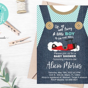 Denim overalls airplane baby shower invitation, boy baby shower invite, a little boy is on the way, corjl digital printable, up up and away.