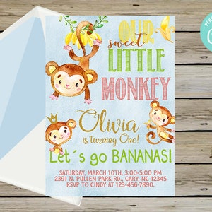 Monkey birthday invitation, lets go bananas birthday invite, girl birthday, digital printable, our sweet little monkey, corjl editable.