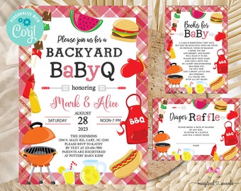 Invitación y tarjetas para baby shower BABY-Q, invitación para baby shower con barbacoa, rifa de pañales y libros para insertos de bebé, corjl imprimible digital.