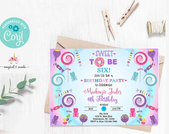 Sweet to be Six candyland 6th birthday invitation, candy girl birthday invite, digital printable, pink turquoise purple, candy sweets corjl