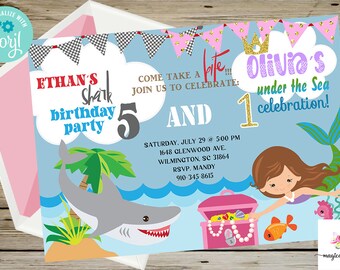 Siblings shark and mermaid birthday invitation, combined birthday invite, corjl digital printable, beware shark invite, mermaid girl invite.