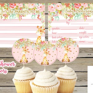 Favores de baby shower de jirafa rosa, adornos para cupcakes, tarjetas de consejos y predicciones de bebés, imprimibles digitalmente, brillo dorado, flores, jirafa.