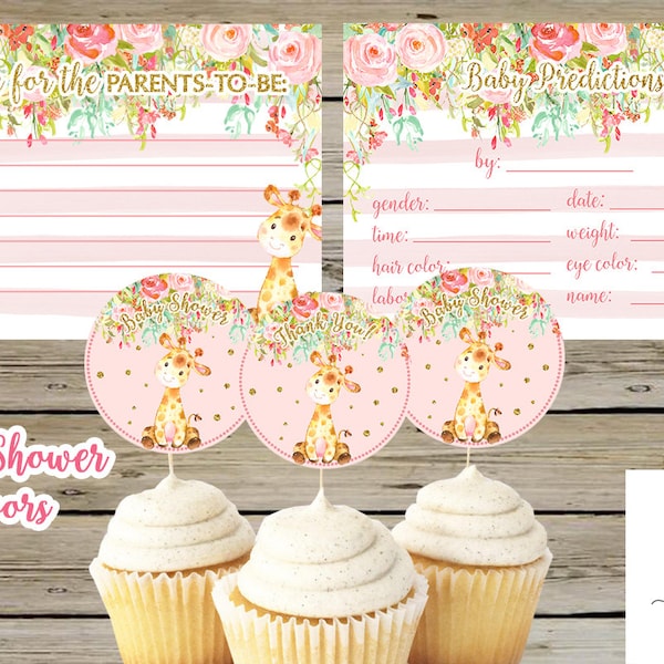 Pink giraffe baby shower favors, cupcake toppers, advice and baby predictions cards, digital printable, gold glitter, flowers, giraffe.