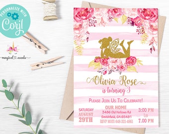 Fairy 3rd birthday invitation, girl fairy birthday invite, digital printable, gold fairy, pink flowers, gold glitter, fairy invite, corjl.