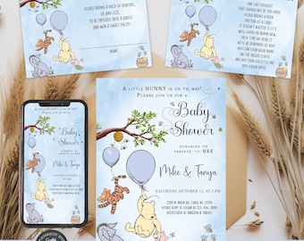 Winnie the Pooh bear boy baby shower invitation, books for baby, diaper raffle, electronic evite, digital printable, blue winnie the pooh.