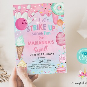 May include: Pink and blue birthday party invitation with a bowling theme. The invitation says "Let's Strike Up Some Fun for Marianna's Sweet 7th Birthday!" with a date and time for the party.
