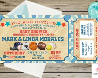 All star sports ticket baby shower invitation, boy baby shower invite, sports baby shower, corjl editable, digital printable, sports ticket.