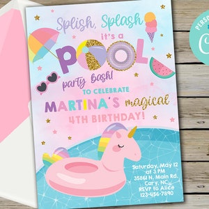 Pool party bash birthday invitation, splish splash pool birthday summer invite, make a splash, digital printable, unicorn, corjl editable.