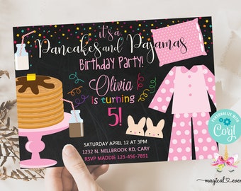 Girl pancakes and pajamas birthday invitation, pink pancakes and pajamas girl birthday invite, digital printable, pajama party, girl.