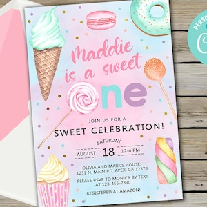 Candy shes a sweet one 1st birthday invitation, girl birthday invite, candy sweets donut ice cream invite, digital printable, corjl editable