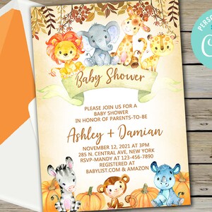 May include: A baby shower invitation with a watercolor illustration of animals and pumpkins. The invitation features the text "Baby Shower" and the names "Ashley + Damian". The date and time of the shower are November 12, 2021 at 3pm. The location is 285 N. Central Ave, New York. The RSVP number is 123-456-7890. The invitation also includes the text "Registered at Babylist.com & Amazon".