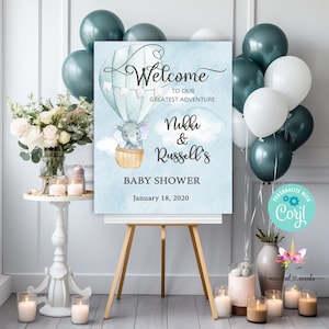 16x20 Blue hot air balloon elephant baby shower welcome sign, boy elephant welcome sign, blue hot air balloon up up and away, corjl editable