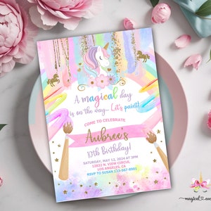 Puede incluir: Una invitaci&oacute;n colorida con un unicornio y pinceles. El texto dice "A magical day is on the way... Let's paint! Come to celebrate Aubree's 10th Birthday! Saturday, May 12, 2024 at 3PM 12832 N. View Circle, Los Angeles, CA RSVP to Susan 123-567-8901"