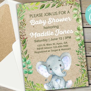 Invito baby shower elefante bambino ragazzo, invito baby shower bambino, carta marrone kraft, stampabile digitale, foglie verdi, verde, corjl modificabile.