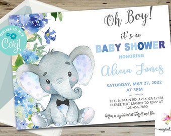 Elephant baby shower invitation, boy baby shower invite, elephant bow tie bowtie flowers, blue digital printable download, corjl editable.