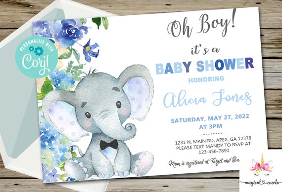 EDITABLE Its A Boy Baby Invitation - Blue Elephants Baby