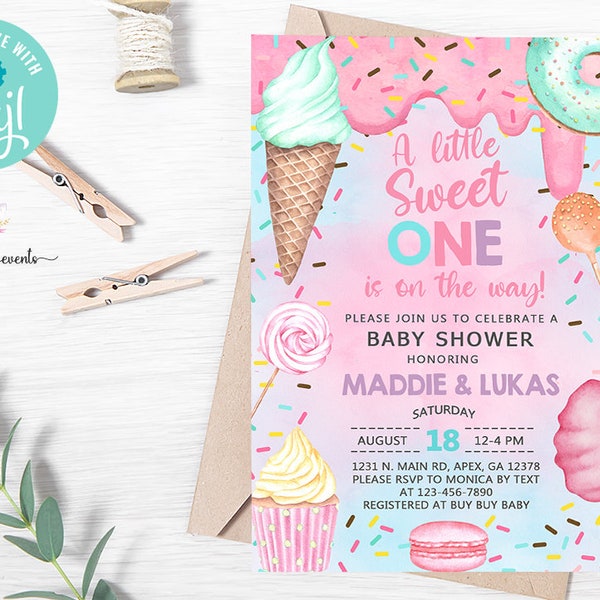 SWEET girl baby shower invitation, sweet girl baby shower invite, cotton candy sweets donut ice cream cupcake, corjl digital printable.