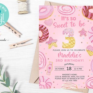 Pink donuts So Sweet To Be 3 birthday invitation, girl 3rd birthday invite, pink donuts Sweet to be three invite, digital printable, corjl.