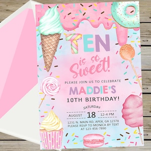 Candy TEN is SO SWEET girl birthday invitation, 10th birthday invite, cotton candy sweets donut ice cream cupcake, corjl digital printable.