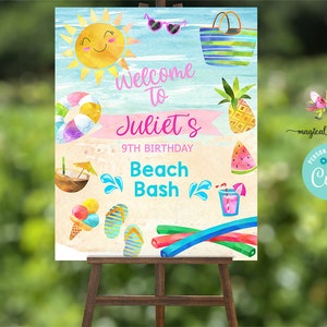 16x20 girl Beach Bash birthday welcome sign, Beach birthday, corjl digital printable, girl birthday beach bash, splish splash, welcome sign.