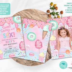 Candy SWEET SASSY and SIX girl birthday invitation, invite, photo back backside birthday invite, cotton candy sweets donut ice cream cupcake