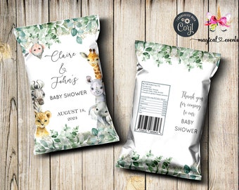 Safari / Jungle Junge Baby-Dusche-Chips Beutel Verpackung, Junge Safari Tiere Baby-Dusche Gefälligkeiten, Safari Chips Verpackung, digital bedruckbar.