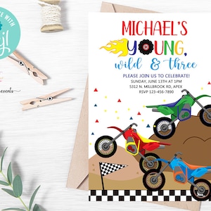 Motorcycles boy birthday invitation, dirt bikes boy birthday invite, digital printable, young wild and three, motorcycle invitation, corjl.