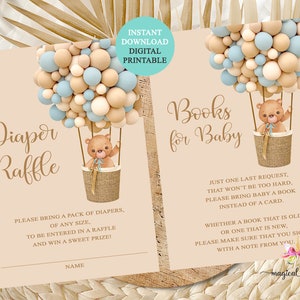 Sorteio de fraldas para chá de bebê Bearly Wait e livros para cartões de bebê, cartões de inserção para chá de bebê Bearly Wait, balão de ar quente azul urso marrom.